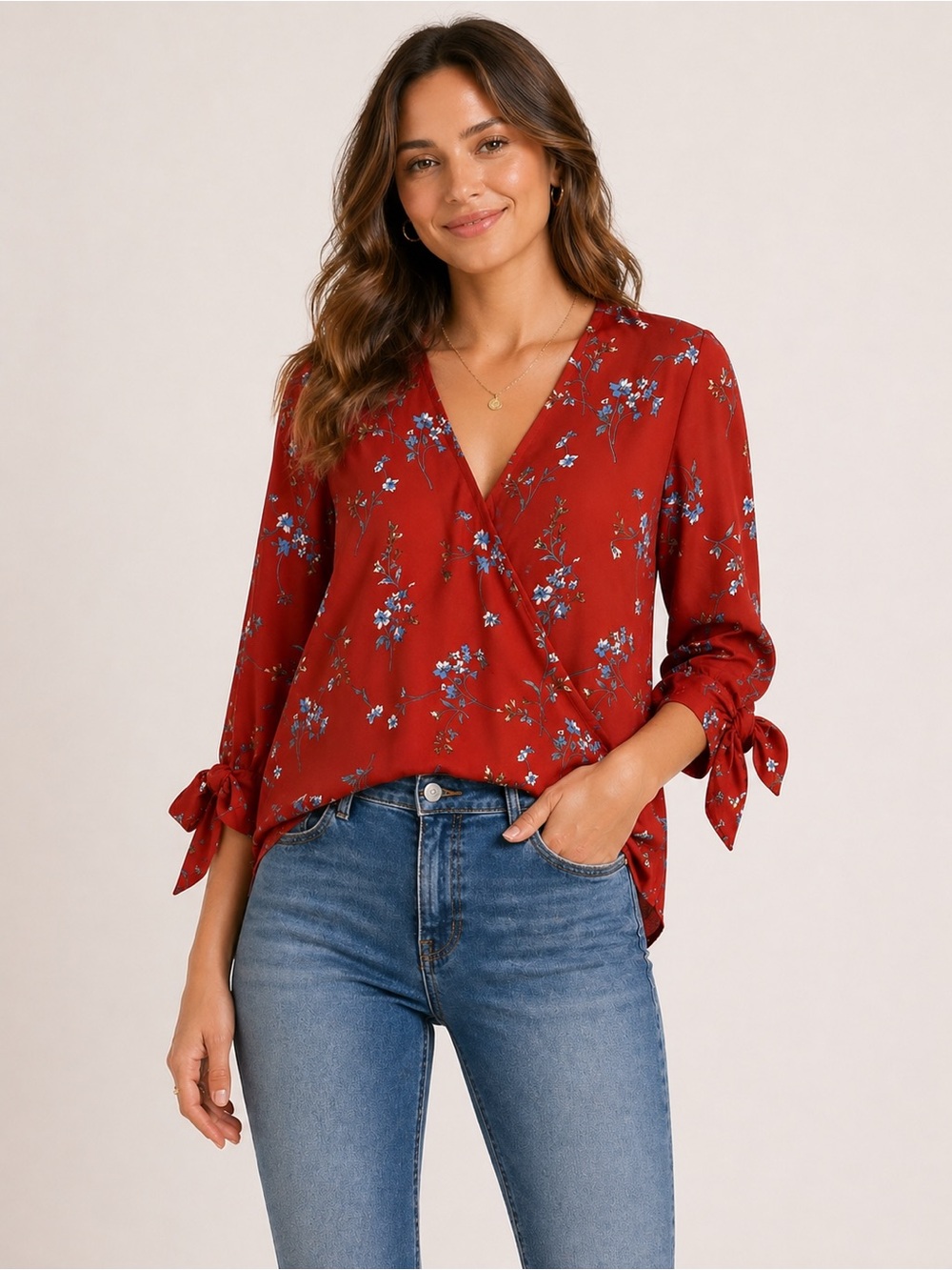 West Kei Floral Wrap Blouse Red Long Sleeve Tie Sleeve Top Size M